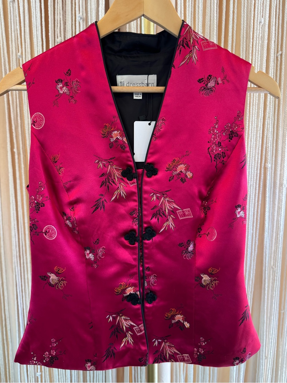 Vintage Dressbarn fuchsia pink satin Chinese vest v-neck frog knot buttons small - Picture 1 of 16